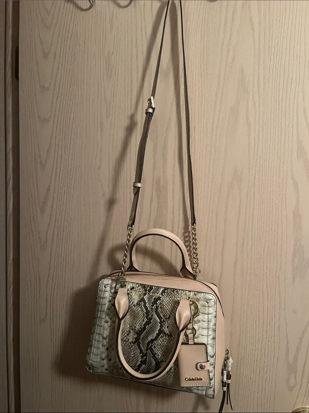 Calvin Klein Blush Beige Python-Print Satchel - Picture 6 of 13